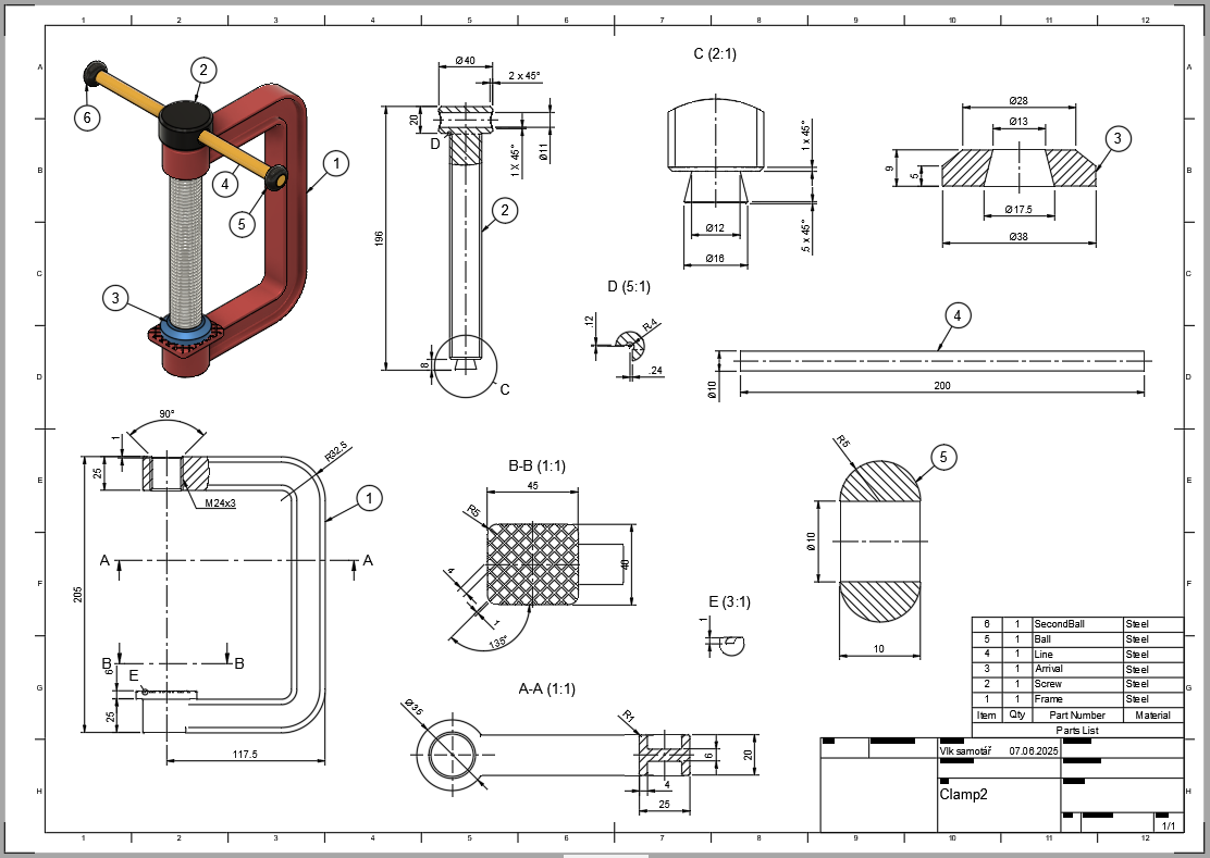 Výkres sestavy svěrky v programu Fusion 360